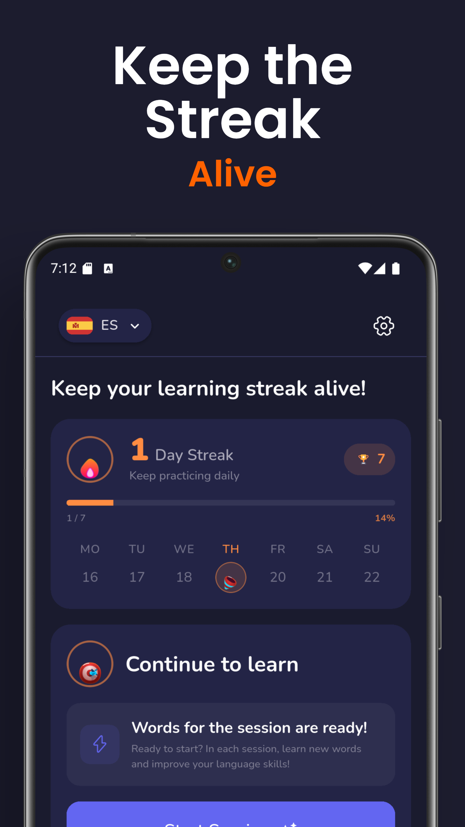 Vocedia language daily streak interface